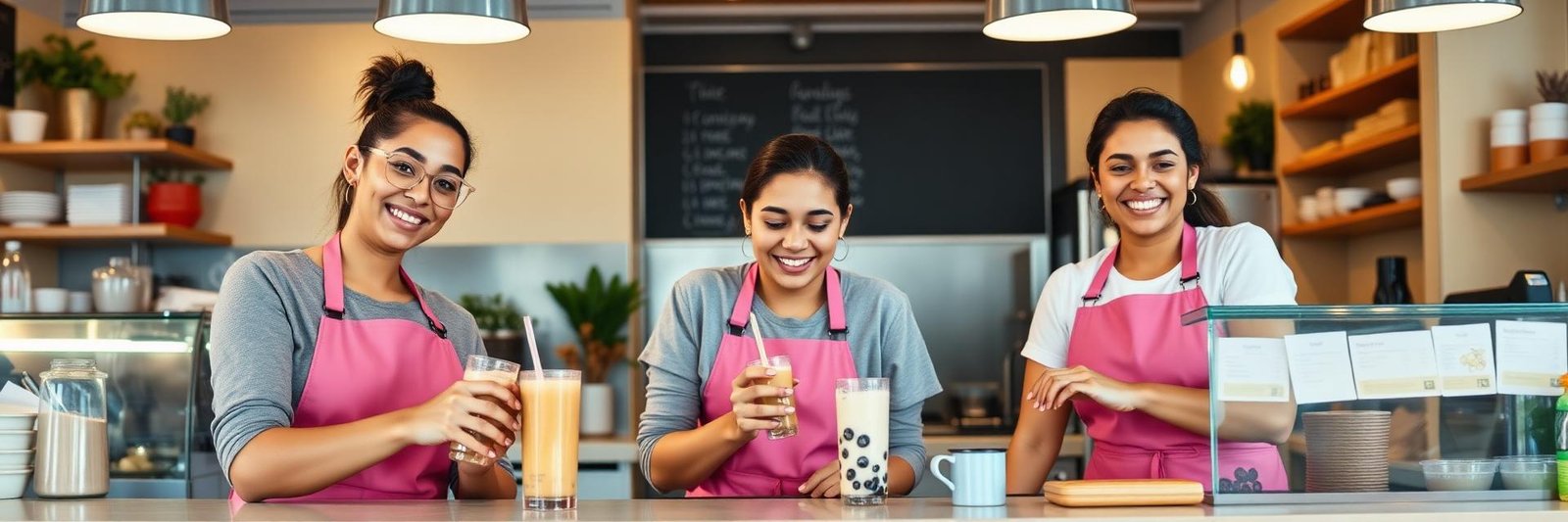Smiling baristas crafting bubble tea behind the counter