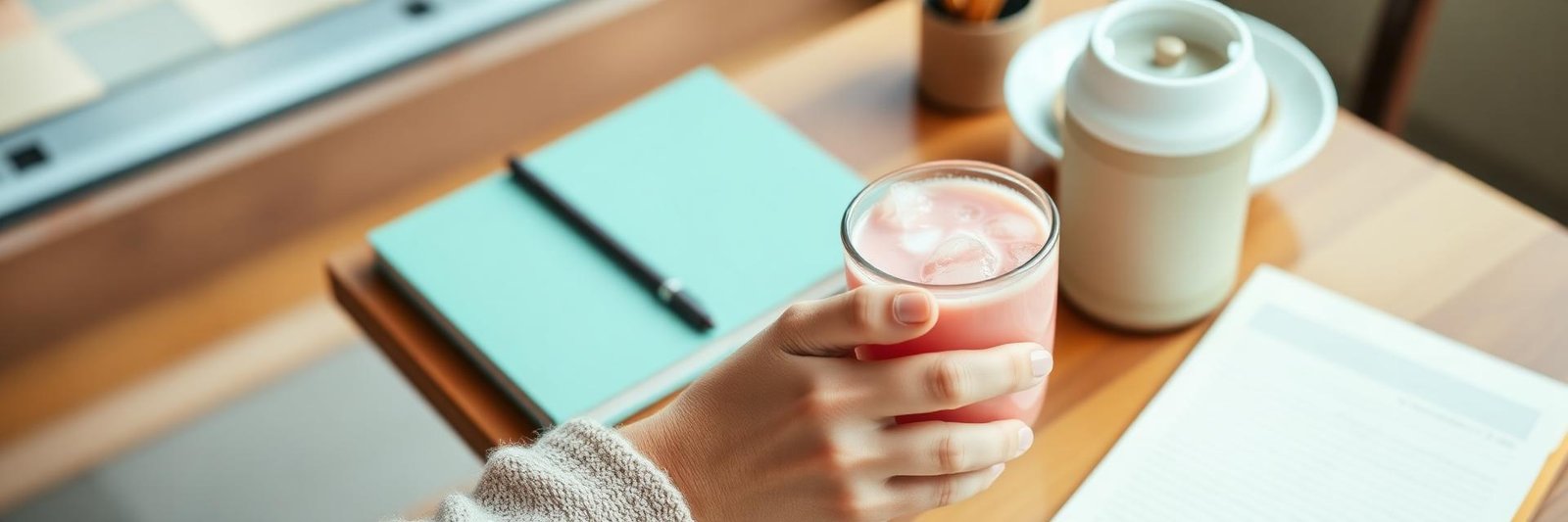 Hand holding a pink bubble tea drink on a cafe table