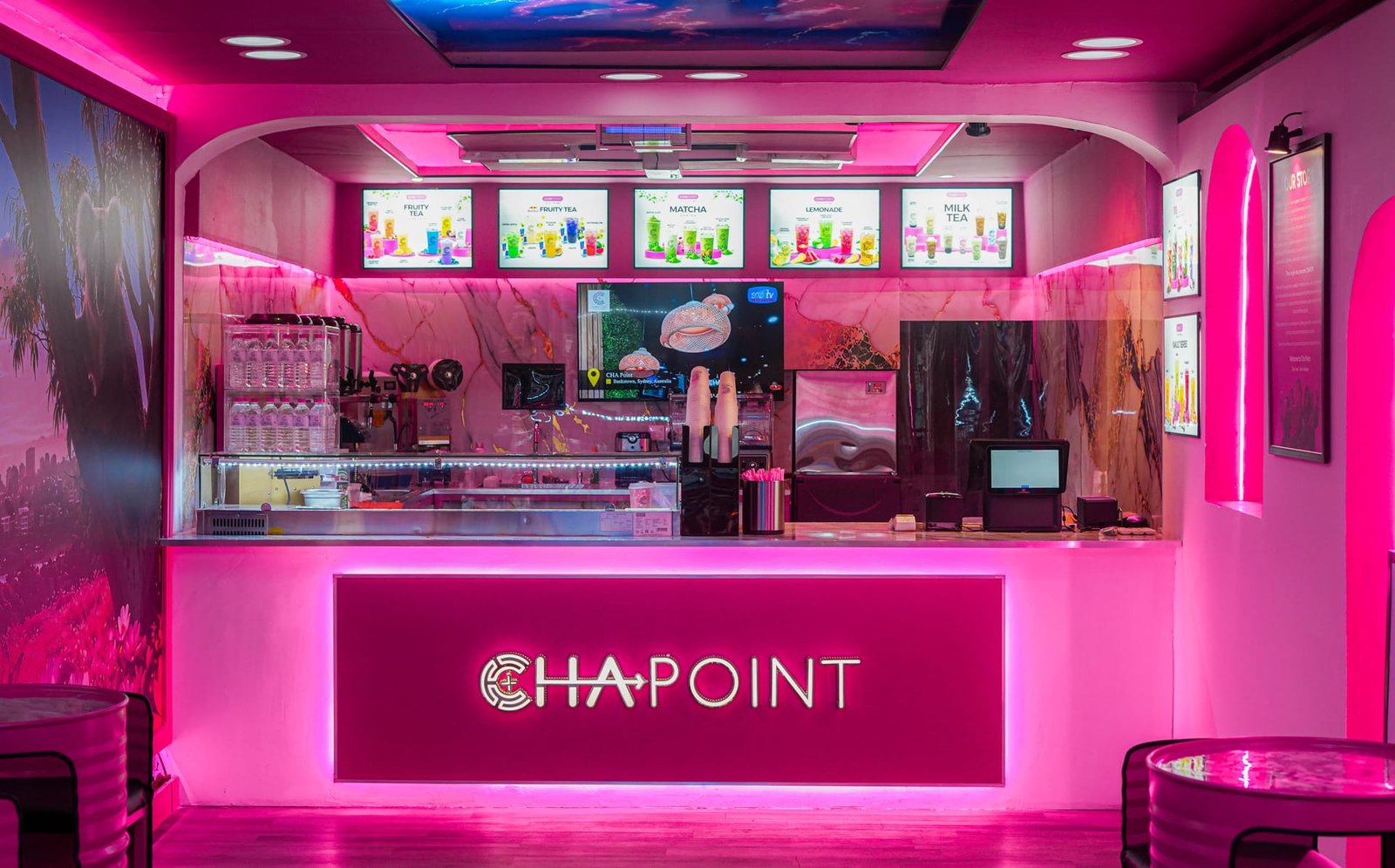 CHAPOINT flagship store interior with neon pink lighting